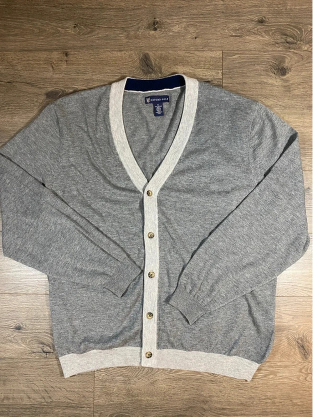 Oxford Golf Mens XL 100% Merino Wool Cardigan Gray V Neck Grandpa Sweater